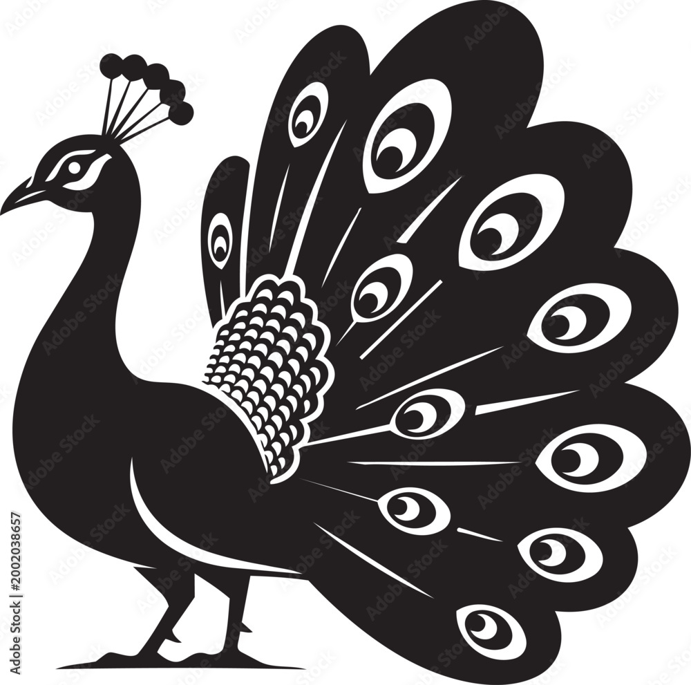 Fototapeta premium Elegant black peacock silhouette with fanned tail feathers a stylized vector illustration for nature and design projects isolated on white