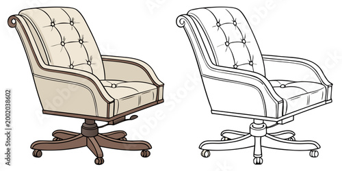 Upholstered executive office chair with tufted backrest and swivel base vintage style desk seating furniture arm chair home office interior design button tufting line art coloring book