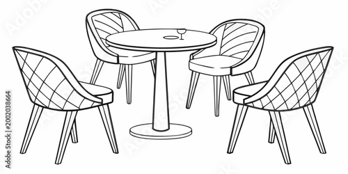 Modern round dining table with four stylish chairs and single wine glass contemporary interior furniture illustration contemporary design dining room home decor ready to use furniture set