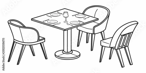Square dining table set for two with three chairs plates cutlery wine glass restaurant or home interior illustration ready for use interior design dining room line art white background furniture