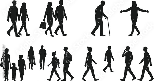 WebDiverse silhouette collection of people walking including couples holding hands family with children senior man and students with backpacks