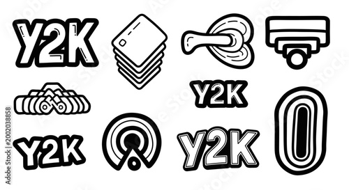 Y 2 k icon set graphic elements black and white