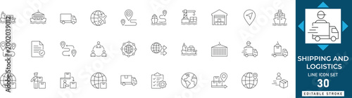 Shipping and logistics line icon set featuring global delivery, cargo, warehouse, freight, truck, distribution, and storage. Professional editable vector illustration.
