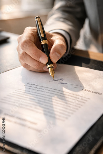 Close-up of a person signing a document with a pen