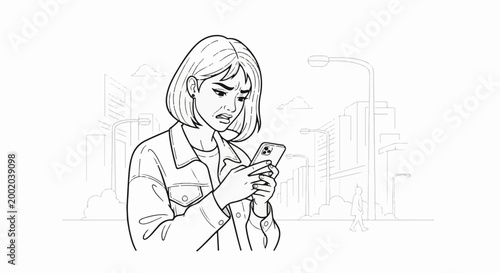 Distressed person using smartphone on a city street with buildings and lampposts