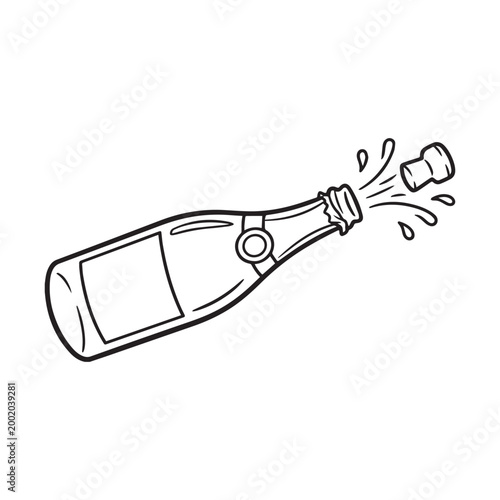 Black and white line drawing of champagne bottle opening with cork popping and bubbles spraying symbolizing festivity and celebration