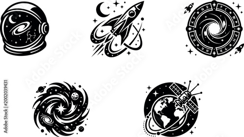 Set of space icons, astronaut helmet, rocket, galaxy, planet