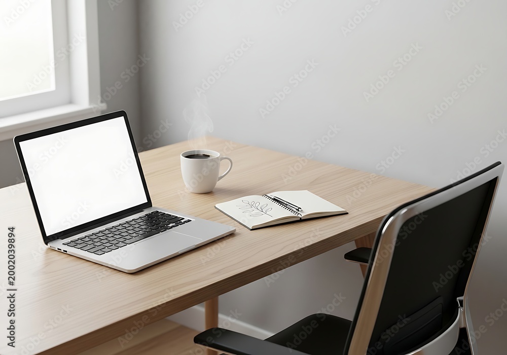 Naklejka premium modern home office workspace with laptop and coffee