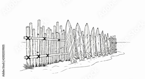 Diverse bamboo and surfboard arrangement on a sandy shore