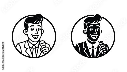 Friendly man holding microphone in circular frame for podcasting or public speaking branding icon design