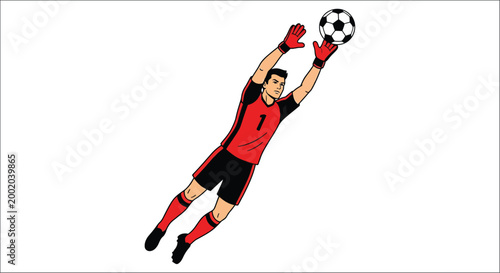 Soccer goalkeeper illustration in action red uniform and white background