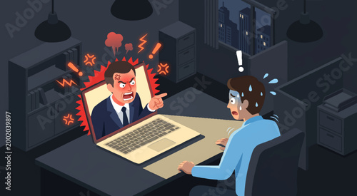 Night Office Scene with Glowing Laptop and Angry Boss Video Call Isometric Illustration