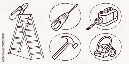 Construction and DIY tools on ladder and workbench drill