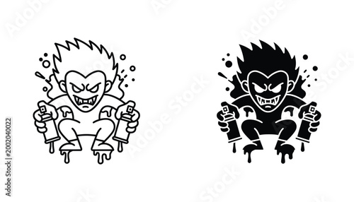 Angry graffiti artist character with spray paint cans vector icon set with outline and solid black style