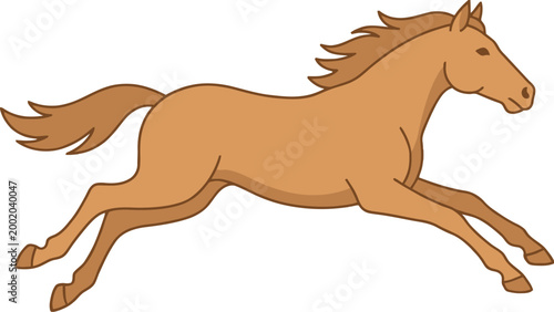 A majestic brown horse gallops across a white background, its mane and tail flowing gracefully with the movement, symbolizing freedom and power