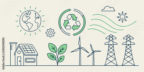 Eco friendly line set with globe and recycling line globe solar panel wind turbine