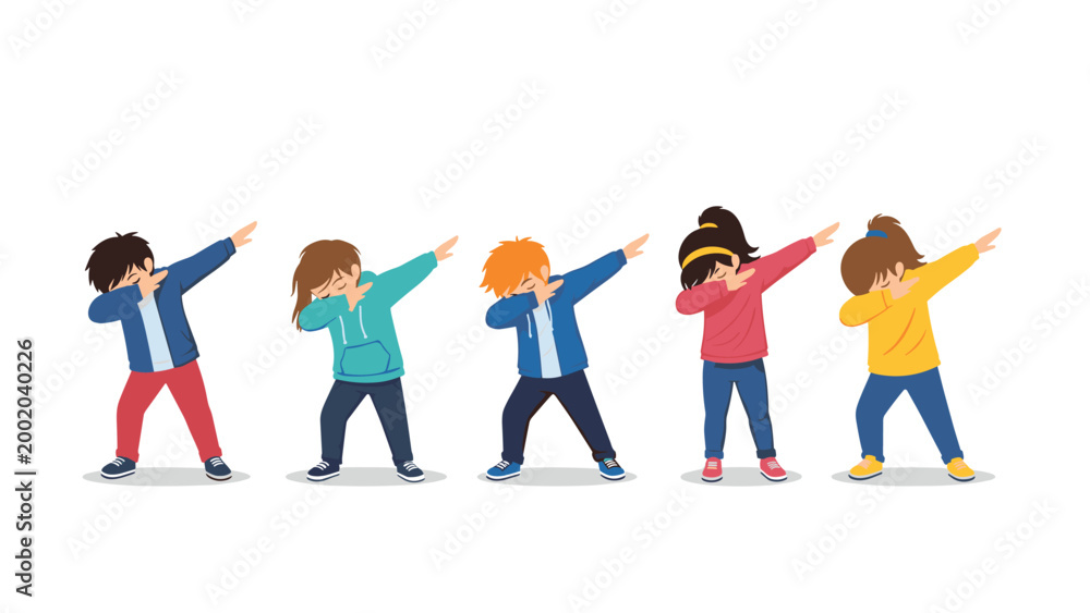 Obraz premium Group of energetic children wearing different colored hoodies performing a synchronized dabbing dance move in a line.
