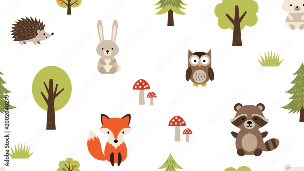 Fototapeta premium Seamless pattern of adorable woodland animals like fox and owl among trees and mushrooms on a white background.