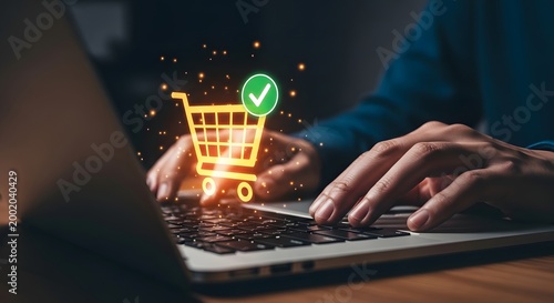 Digital shopping experience hands interacting with a glowing shopping cart icon
