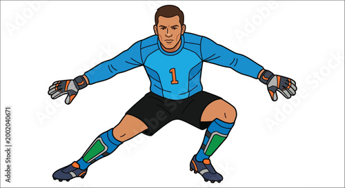 Cartoon soccer goalkeeper in blue uniform full body illustration