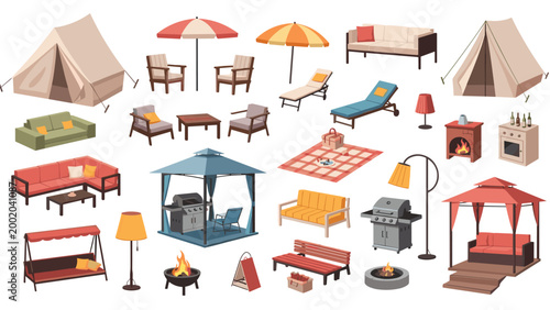 Large set of outdoor furniture and equipment including tents, garden umbrellas, sofas, grills, fire pits, and lighting for backyard living.