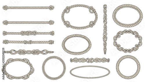 Collection of rope frames, borders, and complex knots in an oval, circular, and linear arrangement for nautical or rustic design.