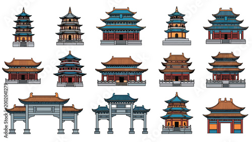 Set of traditional East Asian architectural structures including multi-story pagodas, palace buildings, and ceremonial gates on white.