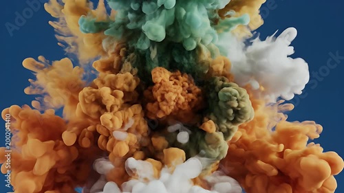 A vibrant, abstract cloud formation composed of orange, teal, and white smoke swirls against a solid blue background, creating a dynamic and artistic visual.
