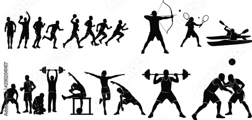 Comprehensive Collection of Black Sport Silhouettes Featuring Athletes Running Weightlifting Archery Kayaking Tennis and Gymnastics for Diverse Fitness and Competition Concepts