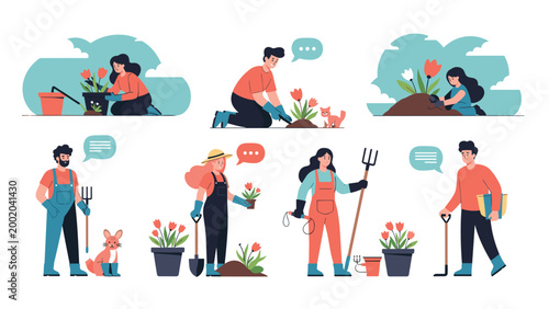 Set of diverse people engaged in gardening activities like planting flowers and using tools in their backyard or garden.