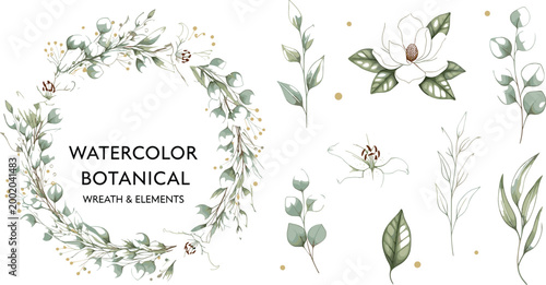 Watercolor botanical vector set featuring elegant floral wreath and delicate leaves with flowers in soft natural illustration style