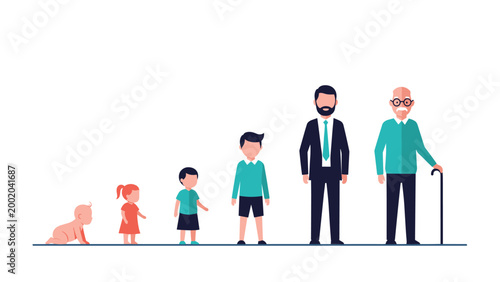 Infographic showing the different stages of human growth for a male from a crawling baby to an elderly man with a cane.