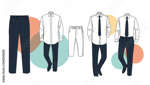 Collection of men's formal attire featuring dress shirts with ties and dark trousers in a clean and professional presentation.
