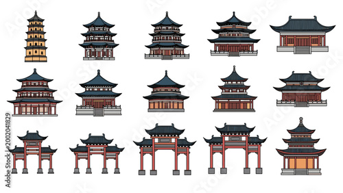 Collection of traditional Chinese architectural buildings including pagodas, pavilions, and ornate gates in a classic style.