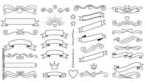 Elegant collection of hand-drawn decorative ribbons, scrolls, banners, and flourishes for use in invitations and graphic designs.