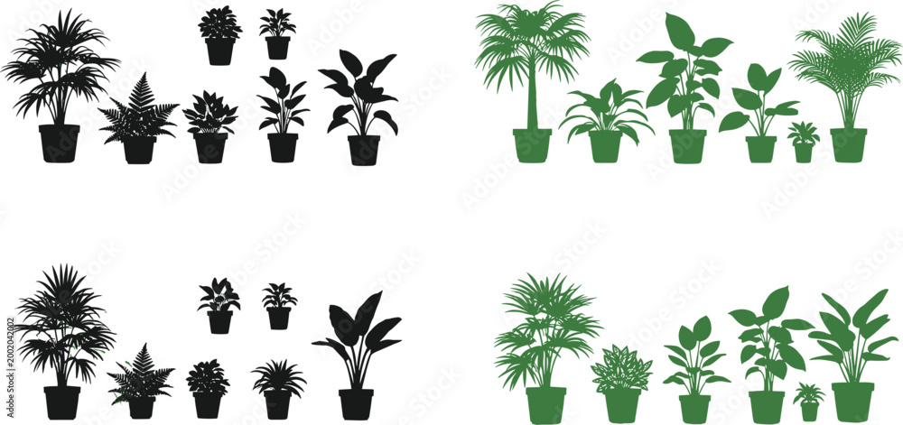 Εκτύπωση καμβά Large vector collection of diverse indoor potted houseplants featuring black silhouettes and flat green designs isolated on a clean white background