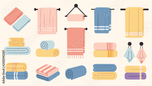 Variety of colorful bathroom towels shown in different arrangements including folded stacks, rolled, and hanging on racks or hooks.