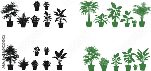 Εκτύπωση καμβά Large vector collection of diverse indoor potted houseplants featuring black silhouettes and flat green designs isolated on a clean white background