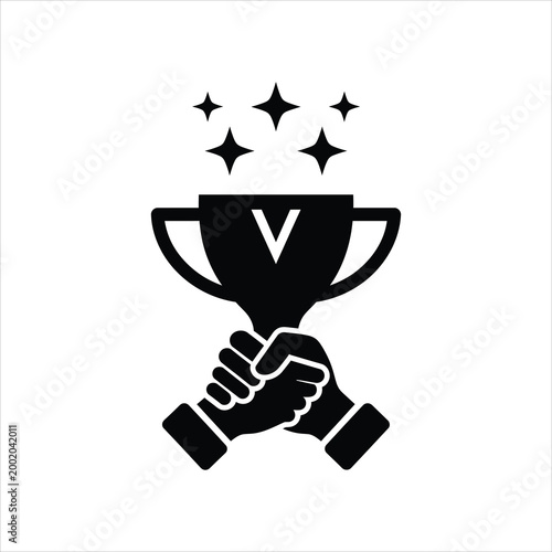 Two hands holding a trophy with stars above Vector Illustration isolated on white background