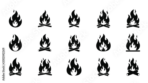 Simple black campfire and flame icons with wooden logs for camping hiking and outdoor adventure themes and logo design.