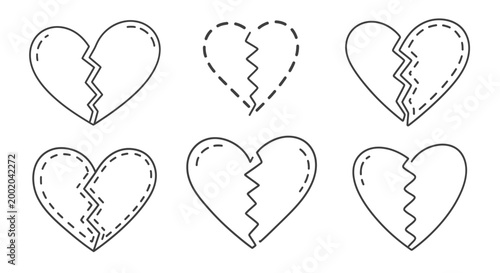 Broken heart variations outline vector set