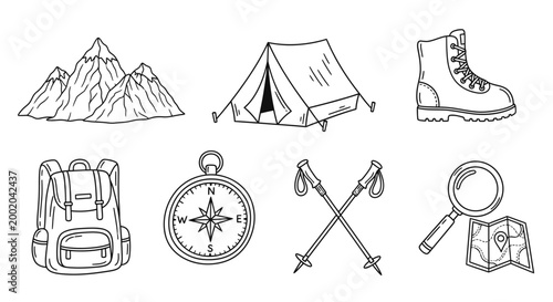 Outdoor adventure travel camping equipment icons set