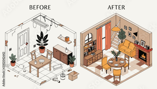 Comparison of damaged vintage room versus modern restored house interior.eps