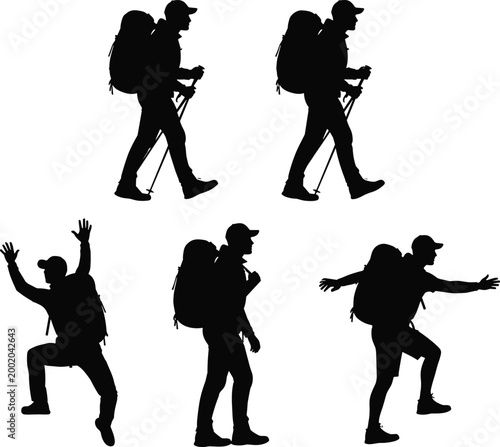 Vector silhouettes collection of a male hiker with backpack walking, climbing, and trekking with poles isolated on a white background.