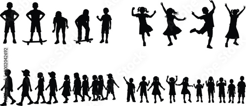 Vector silhouettes collection of active happy children playing, jumping, dancing, walking, and skateboarding together isolated on a solid white background.