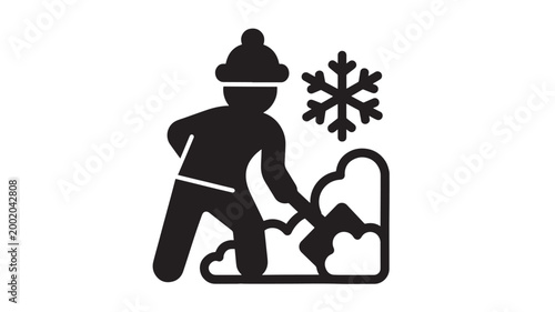 Person shoveling snow with winter shovel icon, weather cold ice flakes symbol for seasonal frost UI design