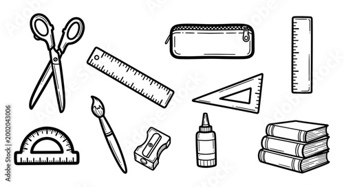 School supplies illustration black and white vector