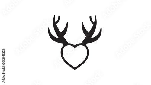 Antlers with heart symbol in black and white line art featuring love, animal, deer with reindeer and icon elements for graphic, outline projects,