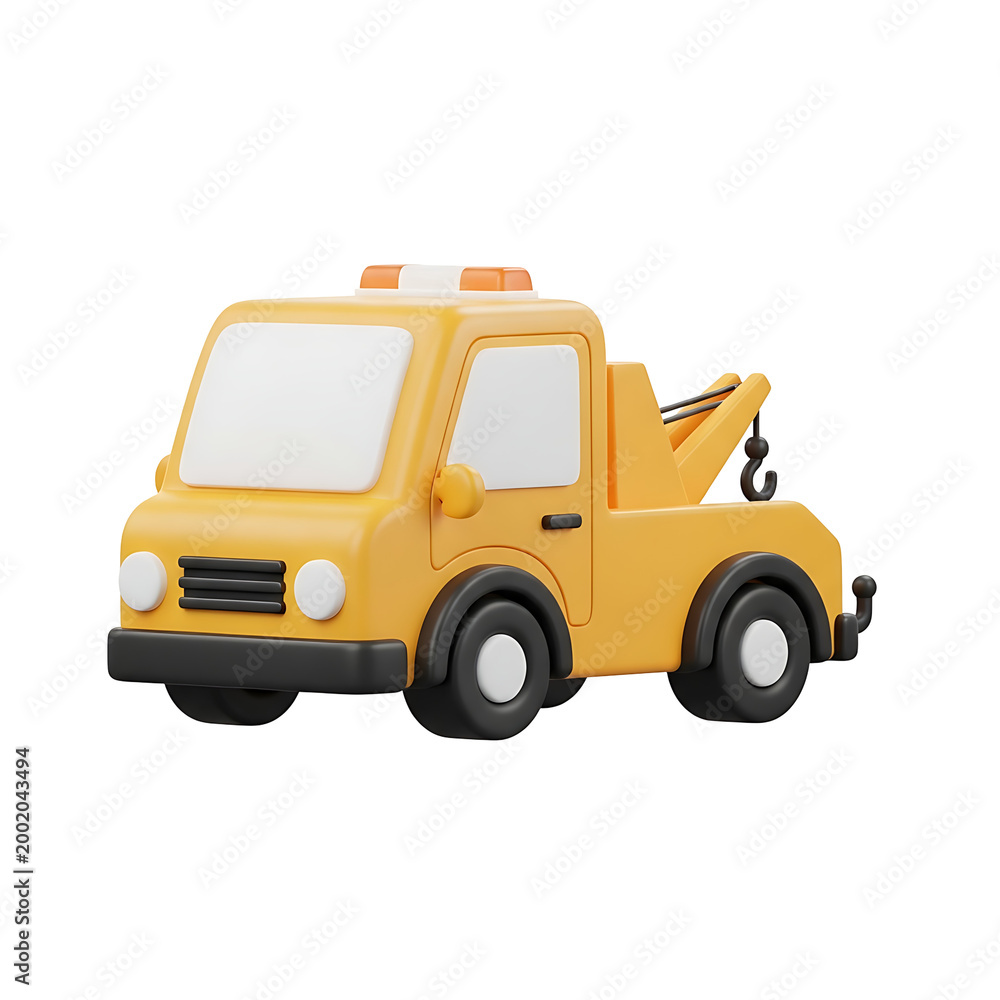 Naklejka premium Yellow tow truck with crane and hook. Minimalist design, clean translate background. Ideal for transport, repair, or utility concepts. Perfect for children's apps or educational content