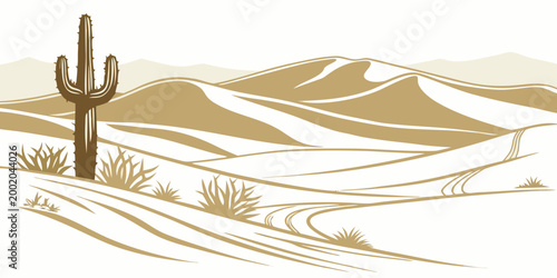Stylized desert landscape with saguaro cactus and rolling hills with sparse vegetation road trip landscape southwest environment succulent wilderness outdoors adventure vacation illustration